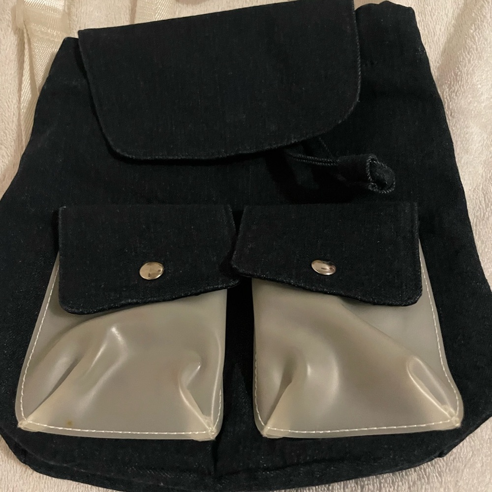 Vintage Denim Mini Backpack Bag Purse White Webbing Straps Plastic Pockets